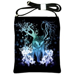 Amazing Wolf With Flowers, Blue Colors Shoulder Sling Bags by FantasyWorld7