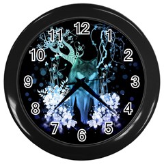 Amazing Wolf With Flowers, Blue Colors Wall Clocks (black) by FantasyWorld7