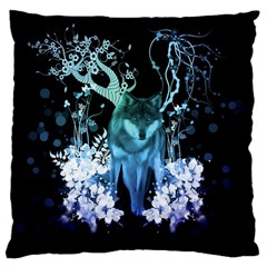 Amazing Wolf With Flowers, Blue Colors Standard Flano Cushion Case (one Side) by FantasyWorld7