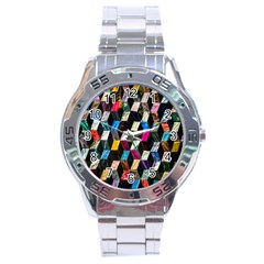 Abstract Multicolor Cubes 3d Quilt Fabric Stainless Steel Analogue Watch