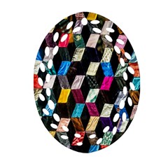 Abstract Multicolor Cubes 3d Quilt Fabric Oval Filigree Ornament (Two Sides)