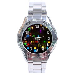 Abstract 3d Cg Digital Art Colors Cubes Square Shapes Pattern Dark Stainless Steel Analogue Watch