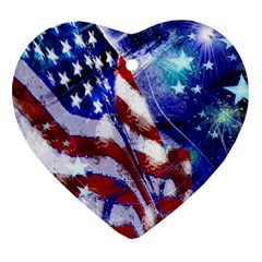 American Flag Red White Blue Fireworks Stars Independence Day Ornament (heart)