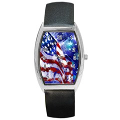 American Flag Red White Blue Fireworks Stars Independence Day Barrel Style Metal Watch by Sapixe