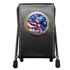 American Flag Red White Blue Fireworks Stars Independence Day Pen Holder Desk Clocks by Sapixe