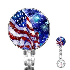American Flag Red White Blue Fireworks Stars Independence Day Stainless Steel Nurses Watch by Sapixe