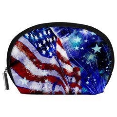 American Flag Red White Blue Fireworks Stars Independence Day Accessory Pouches (large)  by Sapixe