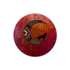 Black Wolf On Decorative Steampunk Moon Rubber Round Coaster (4 Pack) 