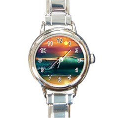 Art Sunset Beach Sea Waves Round Italian Charm Watch by Sapixe