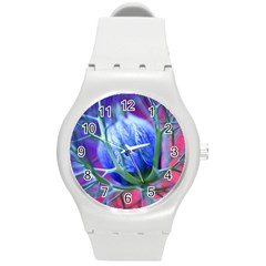 Blue Flowers With Thorns Round Plastic Sport Watch (M)