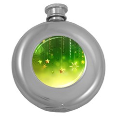 Christmas Green Background Stars Snowflakes Decorative Ornaments Pictures Round Hip Flask (5 oz)