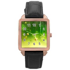 Christmas Green Background Stars Snowflakes Decorative Ornaments Pictures Rose Gold Leather Watch 