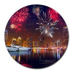 Christmas Night In Dubai Holidays City Skyscrapers At Night The Sky Fireworks Uae Round Mousepads by Sapixe