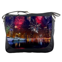 Christmas Night In Dubai Holidays City Skyscrapers At Night The Sky Fireworks Uae Messenger Bags by Sapixe