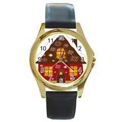 Christmas House Clipart Round Gold Metal Watch