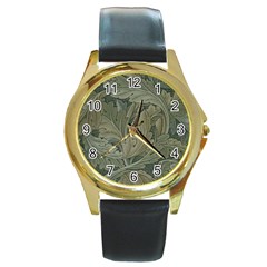 Vintage Background Green Leaves Round Gold Metal Watch by Nexatart