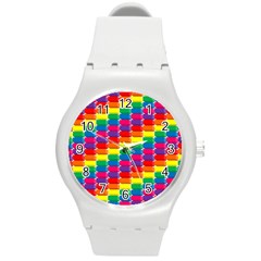 Rainbow 3d Cubes Red Orange Round Plastic Sport Watch (m) by Nexatart