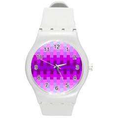 Geometric Cubes Pink Purple Blue Round Plastic Sport Watch (m)