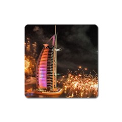 Dubai Burj Al Arab Hotels New Years Eve Celebration Fireworks Square Magnet by Sapixe