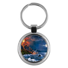 Eruption Of Volcano Sea Full Moon Fantasy Art Key Chains (round) 