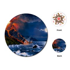 Eruption Of Volcano Sea Full Moon Fantasy Art Playing Cards (round) 