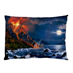 Eruption Of Volcano Sea Full Moon Fantasy Art Pillow Case (two Sides)