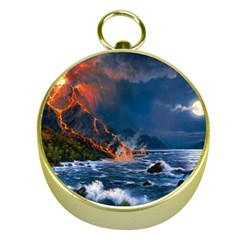 Eruption Of Volcano Sea Full Moon Fantasy Art Gold Compasses