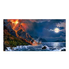 Eruption Of Volcano Sea Full Moon Fantasy Art Satin Shawl