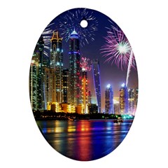 Dubai City At Night Christmas Holidays Fireworks In The Sky Skyscrapers United Arab Emirates Ornament (oval) by Sapixe