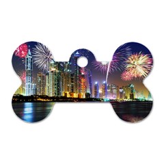 Dubai City At Night Christmas Holidays Fireworks In The Sky Skyscrapers United Arab Emirates Dog Tag Bone (two Sides) by Sapixe