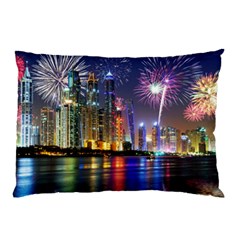 Dubai City At Night Christmas Holidays Fireworks In The Sky Skyscrapers United Arab Emirates Pillow Case (two Sides) by Sapixe