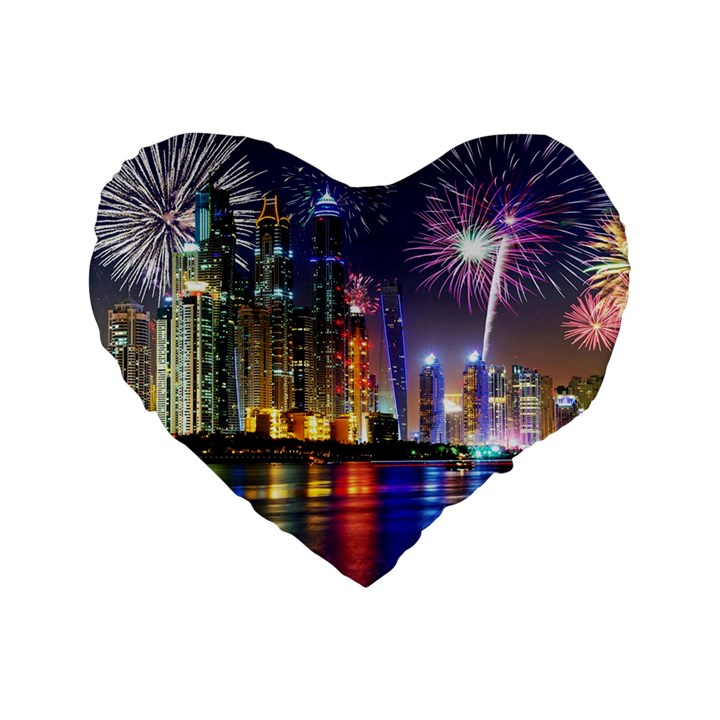 Dubai City At Night Christmas Holidays Fireworks In The Sky Skyscrapers United Arab Emirates Standard 16  Premium Heart Shape Cushions