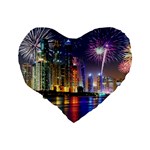 Dubai City At Night Christmas Holidays Fireworks In The Sky Skyscrapers United Arab Emirates Standard 16  Premium Heart Shape Cushions Back