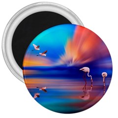 Flamingo Lake Birds In Flight Sunset Orange Sky Red Clouds Reflection In Lake Water Art 3  Magnets by Sapixe