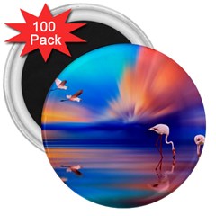 Flamingo Lake Birds In Flight Sunset Orange Sky Red Clouds Reflection In Lake Water Art 3  Magnets (100 Pack) by Sapixe