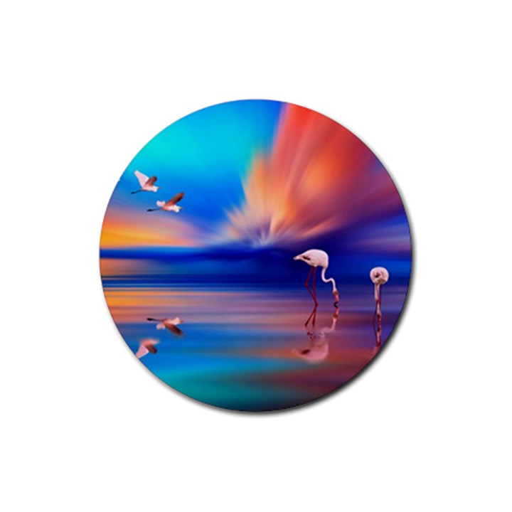 Flamingo Lake Birds In Flight Sunset Orange Sky Red Clouds Reflection In Lake Water Art Rubber Round Coaster (4 pack) 