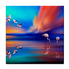 Flamingo Lake Birds In Flight Sunset Orange Sky Red Clouds Reflection In Lake Water Art Face Towel by Sapixe