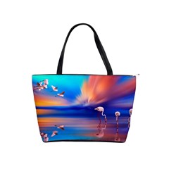 Flamingo Lake Birds In Flight Sunset Orange Sky Red Clouds Reflection In Lake Water Art Shoulder Handbags by Sapixe