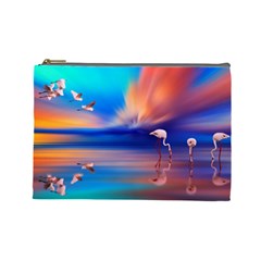 Flamingo Lake Birds In Flight Sunset Orange Sky Red Clouds Reflection In Lake Water Art Cosmetic Bag (large)  by Sapixe