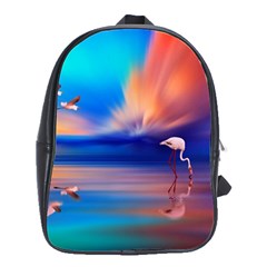 Flamingo Lake Birds In Flight Sunset Orange Sky Red Clouds Reflection In Lake Water Art School Bag (large) by Sapixe