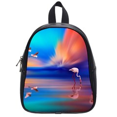 Flamingo Lake Birds In Flight Sunset Orange Sky Red Clouds Reflection In Lake Water Art School Bag (small) by Sapixe