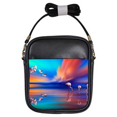 Flamingo Lake Birds In Flight Sunset Orange Sky Red Clouds Reflection In Lake Water Art Girls Sling Bags by Sapixe