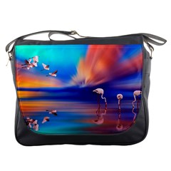 Flamingo Lake Birds In Flight Sunset Orange Sky Red Clouds Reflection In Lake Water Art Messenger Bags by Sapixe