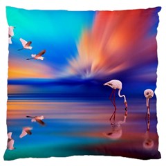 Flamingo Lake Birds In Flight Sunset Orange Sky Red Clouds Reflection In Lake Water Art Large Cushion Case (two Sides) by Sapixe