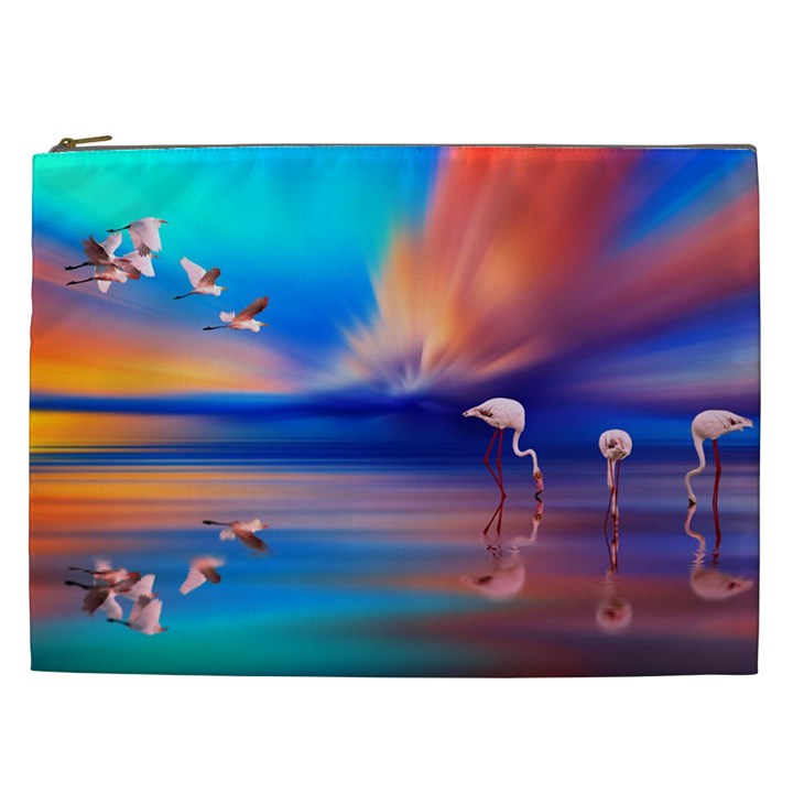 Flamingo Lake Birds In Flight Sunset Orange Sky Red Clouds Reflection In Lake Water Art Cosmetic Bag (XXL) 