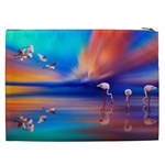 Flamingo Lake Birds In Flight Sunset Orange Sky Red Clouds Reflection In Lake Water Art Cosmetic Bag (XXL)  Back