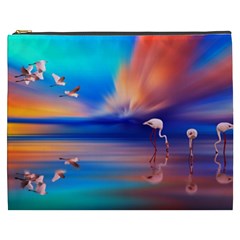 Flamingo Lake Birds In Flight Sunset Orange Sky Red Clouds Reflection In Lake Water Art Cosmetic Bag (xxxl)  by Sapixe