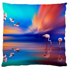 Flamingo Lake Birds In Flight Sunset Orange Sky Red Clouds Reflection In Lake Water Art Large Flano Cushion Case (one Side) by Sapixe
