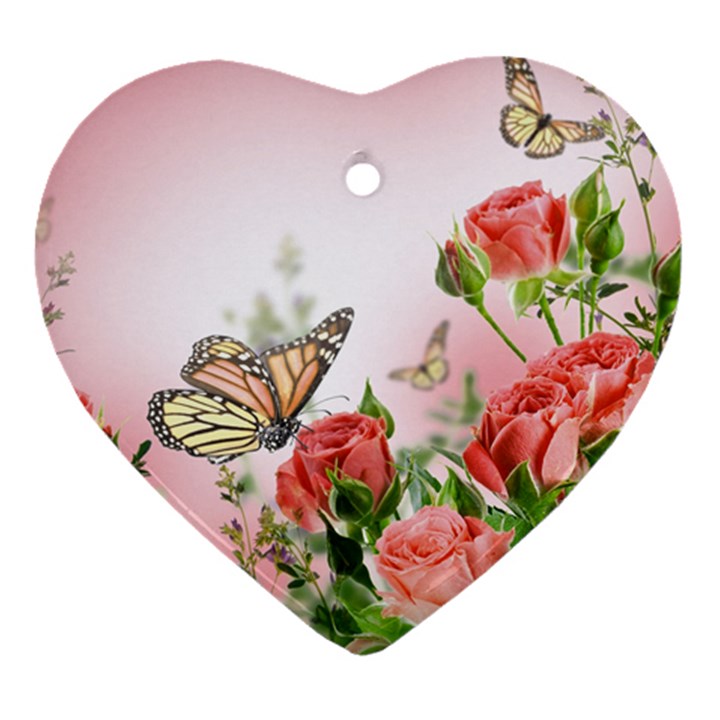 Flora Butterfly Roses Heart Ornament (Two Sides)