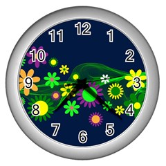 Flower Power Flowers Ornament Wall Clocks (silver) 